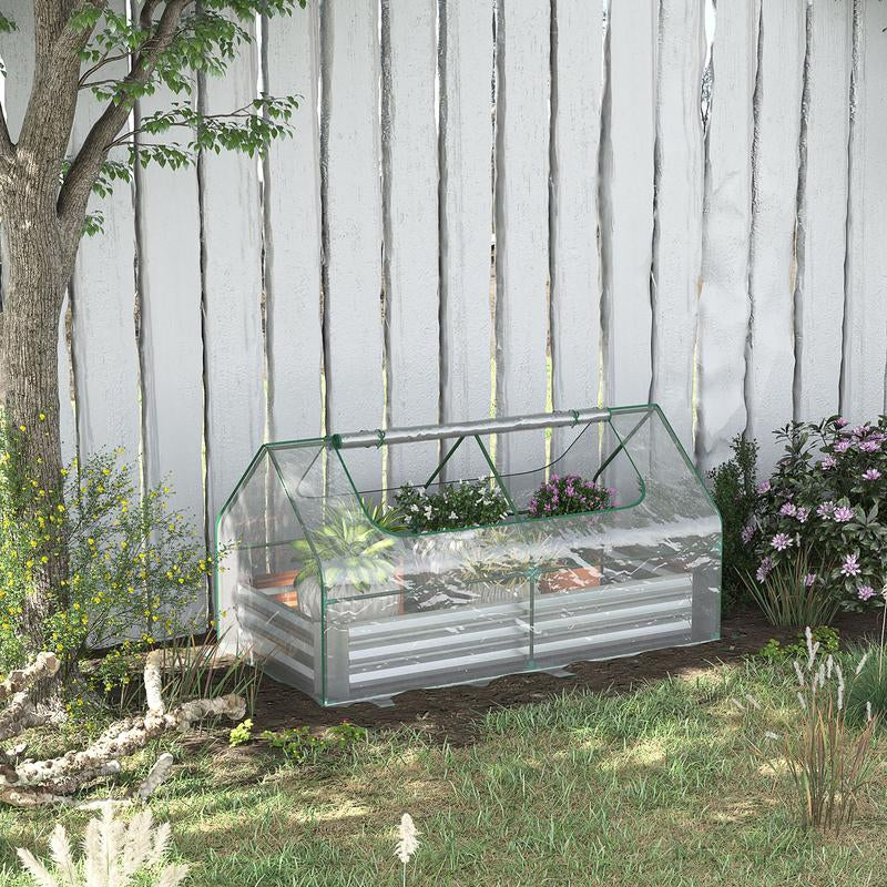 Outsunny Galvanized Raised Garden Bed with Mini Greenhouse Cover, Outdoor Metal Planter Box with 2 Roll-Up Windows for Growing Flowers, Fruits, Vegetables, and Herbs, 73" X 38" X 36"