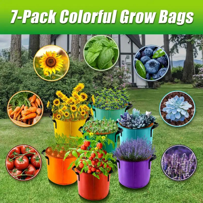 Growjoy 5 & 10-Gallon Grow Bags - 7-Pack Colorful Fabric Pots with Handles for Garden and Outdoor Planting