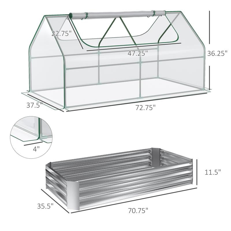 Outsunny Galvanized Raised Garden Bed with Mini Greenhouse Cover, Outdoor Metal Planter Box with 2 Roll-Up Windows for Growing Flowers, Fruits, Vegetables, and Herbs, 73" X 38" X 36"